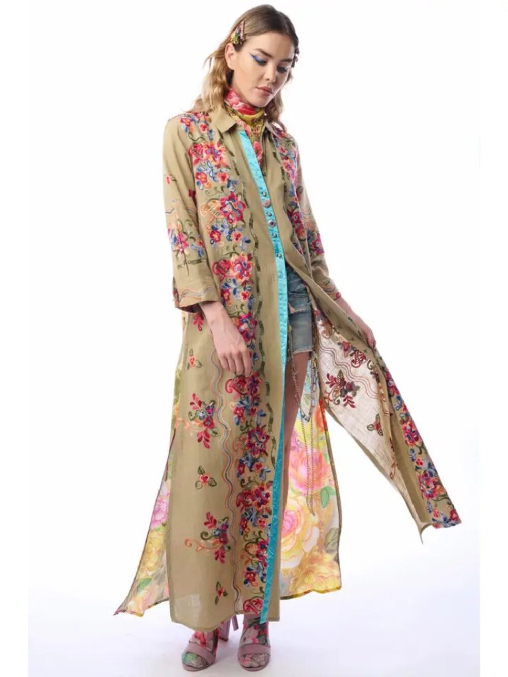 Aratta Multicolor Embroidered Beauty Mark Maxi Duster Floral Dress Olive XL